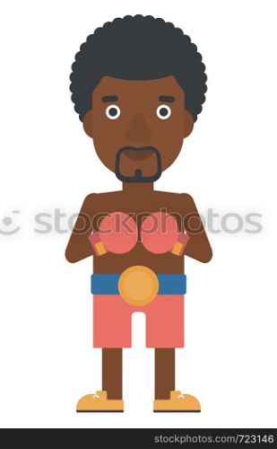 An african-american boxer in gloves vector flat design illustration isolated on white background.. Confident boxer in gloves.