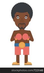 An african-american boxer in gloves vector flat design illustration isolated on white background.. Confident boxer in gloves.