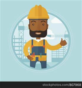 An african-american builder giving thumb up on the background of construction site. Smiling builder in helmet showing thumb up. Vector flat design illustration in the circle isolated on background.. Builder giving thumb up vector illustration.