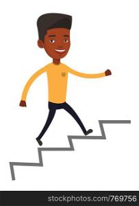 An african-american business man running up the career ladder. Happy business man climbing the career ladder. Concept of business career. Vector flat design illustration isolated on white background.. Business man running up the career ladder.