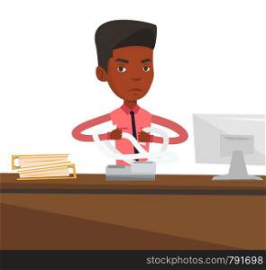 An african-american business man sitting in office and tearing furiously bills. Young angry business man calculating bills. Vector flat design illustration isolated on white background.. Angry businessman tearing bills or invoices.