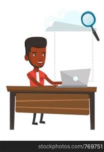 An african-american business man using cloud computing technologies. Business man working on laptop under cloud. Cloud computing concept. Vector flat design illustration isolated on white background.. Cloud computing technology vector illustration.
