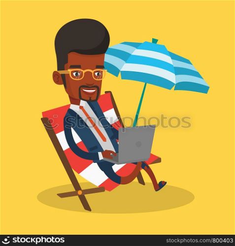 An african-american business man working on the beach. Businessman sitting in chaise lounge under beach umbrella. Businessman using laptop on the beach. Vector flat design illustration. Square layout.. Businessman working on laptop at the beach.