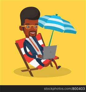 An african-american business man working on the beach. Businessman sitting in chaise lounge under beach umbrella. Businessman using laptop on the beach. Vector flat design illustration. Square layout.. Businessman working on laptop at the beach.