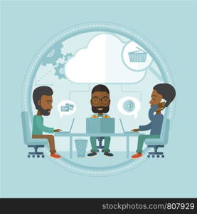 An african-american business people brainstorming. Business team using laptops during brainstorming process. Brainstorming concept. Vector flat design illustration in the circle isolated on background. Business team brainstorming vector illustration.