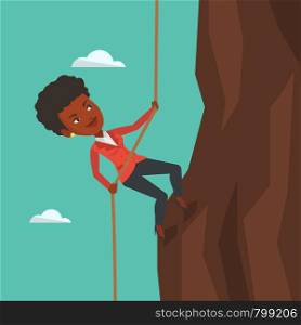 An african-american business woman climbing on the rock. Brave woman in business suit climbing on mountain using rope. Concept of business challenge. Vector flat design illustration. Square layout. Business woman climbing on the mountain.