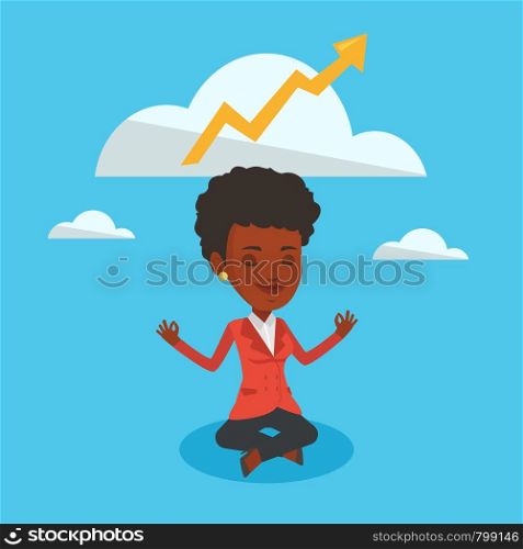 An african-american business woman doing yoga in lotus position and thinking about the growth graph. Business woman meditating in yoga lotus position. Vector flat design illustration. Square layout.. Peaceful business woman meditating in lotus pose.
