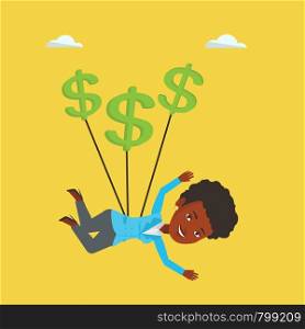 An african-american business woman flying with dollar signs. Business woman gliding in the sky with dollars. Business woman using dollars as parachute. Vector flat design illustration. Square layout.. Business woman flying with dollar signs.