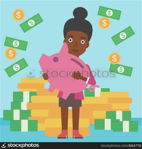 An african-american business woman holding a big piggy bank in hands under money rain on the background of stacks of golden coins. Vector flat design illustration. Square layout.. Business woman with piggy bank vector illustration