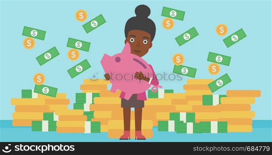 An african-american business woman holding a big piggy bank in hands under money rain on the background of stacks of golden coins. Vector flat design illustration. Horizontal layout.. Business woman with piggy bank vector illustration