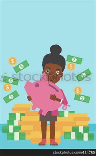 An african-american business woman holding a big piggy bank in hands under money rain on the background of stacks of golden coins. Vector flat design illustration. Vertical layout.. Business woman with piggy bank vector illustration