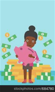 An african-american business woman holding a big piggy bank in hands under money rain on the background of stacks of golden coins. Vector flat design illustration. Vertical layout.. Business woman with piggy bank vector illustration