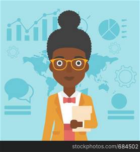 An african-american business woman holding a file in hand while standing with growing chart and a map on a background. Vector flat design illustration. Square layout.. Successful business woman vector illustration.