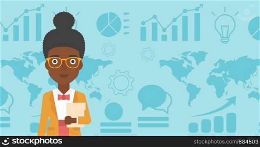 An african-american business woman holding a file in hand while standing with growing chart and a map on a background. Vector flat design illustration. Horizontal layout.. Successful business woman vector illustration.