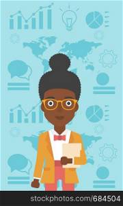 An african-american business woman holding a file in hand while standing with growing chart and a map on a background. Vector flat design illustration. Vertical layout.. Successful business woman vector illustration.