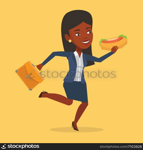 An african-american business woman in a hurry eating hot dog. Business woman with briefcase eating on the run. Business woman running and eating hot dog. Vector flat design illustration. Square layout. Business woman eating hot dog vector illustration.