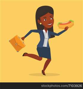 An african-american business woman in a hurry eating hot dog. Business woman with briefcase eating on the run. Business woman running and eating hot dog. Vector flat design illustration. Square layout. Business woman eating hot dog vector illustration.