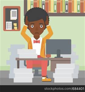 An african-american business woman in despair sitting at workplace with heaps of papers and clutching her head. Vector flat design illustration. Square layout.. Business woman in despair sitting in office.