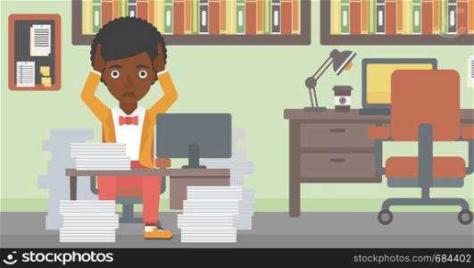 An african-american business woman in despair sitting at workplace with heaps of papers and clutching her head. Vector flat design illustration. Horizontal layout.. Business woman in despair sitting in office.