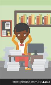 An african-american business woman in despair sitting at workplace with heaps of papers and clutching her head. Vector flat design illustration. Vertical layout.. Business woman in despair sitting in office.
