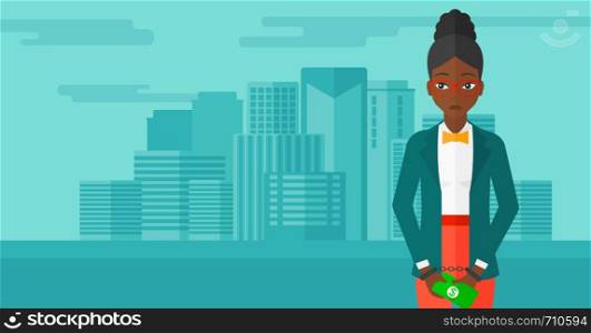 An african-american business woman in handcuffs with money in hands on the background of modern city vector flat design illustration. Horizontal layout.. Woman handcuffed for crime.