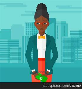 An african-american business woman in handcuffs with money in hands on the background of modern city vector flat design illustration. Square layout.. Woman handcuffed for crime.