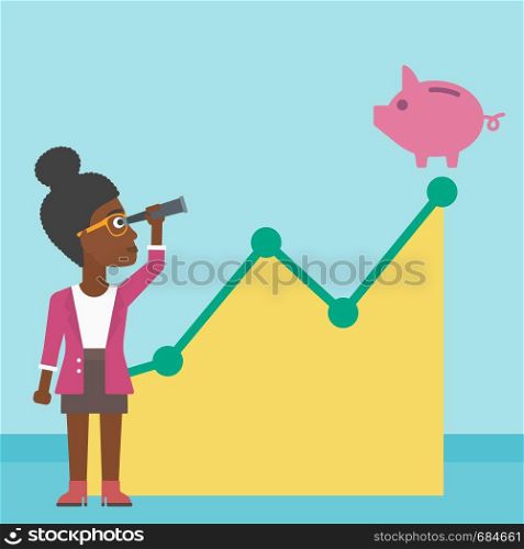 An african-american business woman looking through spyglass at a piggy bank standing at the top of growth graph. Vector flat design illustration. Square layout.. Business woman looking at piggy bank.