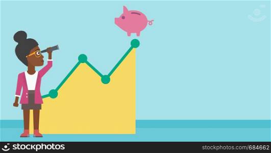 An african-american business woman looking through spyglass at a piggy bank standing at the top of growth graph. Vector flat design illustration. Horizontal layout.. Business woman looking at piggy bank.