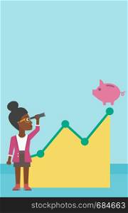 An african-american business woman looking through spyglass at a piggy bank standing at the top of growth graph. Vector flat design illustration. Vertical layout.. Business woman looking at piggy bank.