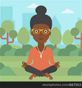 An african-american business woman meditating in lotus pose in the park vector flat design illustration. Square layout.. Business woman meditating in lotus pose.