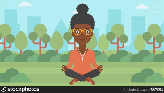 An african-american business woman meditating in lotus pose in the park vector flat design illustration. Horizontal layout.. Business woman meditating in lotus pose.