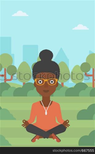An african-american business woman meditating in lotus pose in the park vector flat design illustration. Vertical layout.. Business woman meditating in lotus pose.