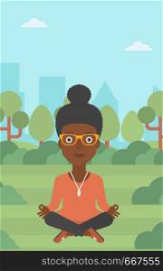 An african-american business woman meditating in lotus pose in the park vector flat design illustration. Vertical layout.. Business woman meditating in lotus pose.