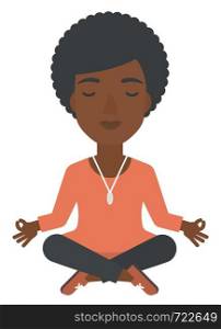 An african-american business woman meditating in lotus pose vector flat design illustration isolated on white background. . Business woman meditating in lotus pose.