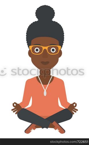 An african-american business woman meditating in lotus pose vector flat design illustration isolated on white background. . Business woman meditating in lotus pose.