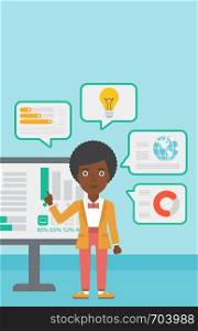 An african-american business woman pointing at charts on a board during business presentation. Woman giving a business presentation. Vector flat design illustration. Vertical layout.. Woman making business presentation.