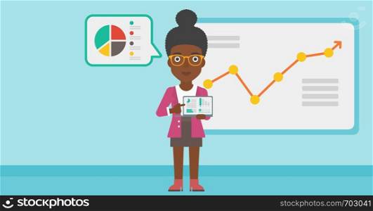 An african-american business woman pointing at charts on laptop screen. Woman presenting report with a laptop on the background of board with graph. Vector flat design illustration. Horizontal layout.. Business woman presenting report on a laptop.