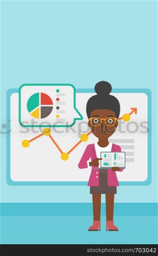 An african-american business woman pointing at charts on laptop screen. Woman presenting report with a laptop on the background of board with graph. Vector flat design illustration. Vertical layout.. Business woman presenting report on a laptop.
