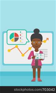 An african-american business woman pointing at charts on laptop screen. Woman presenting report with a laptop on the background of board with graph. Vector flat design illustration. Vertical layout.. Business woman presenting report on a laptop.