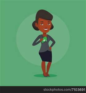 An african-american business woman putting money bribe in his pocket. Business woman hiding money bribe in jacket pocket. Bribery and corruption concept. Vector flat design illustration. Square layout. Business woman putting money bribe in pocket.
