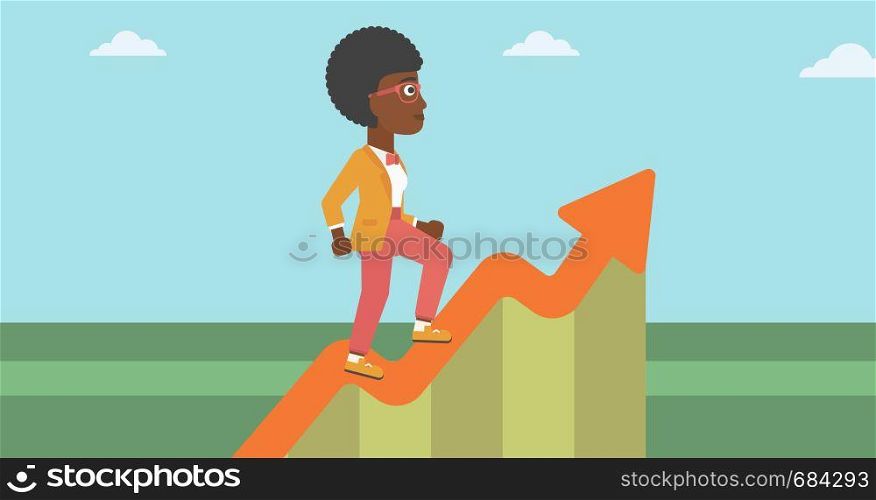 An african-american business woman running along the growth graph. Business woman going up. Woman moving up. Successful business concept. Vector flat design illustration. Horizontal layout.. Business woman running along the growth graph.