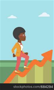 An african-american business woman running along the growth graph. Business woman going up. Woman moving up. Successful business concept. Vector flat design illustration. Vertical layout.. Business woman running along the growth graph.