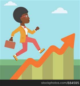 An african-american business woman running along the growth graph. Businesswoman going up. Woman moving up. Successful business concept. Vector flat design illustration. Square layout.. Business woman running along the growth graph.
