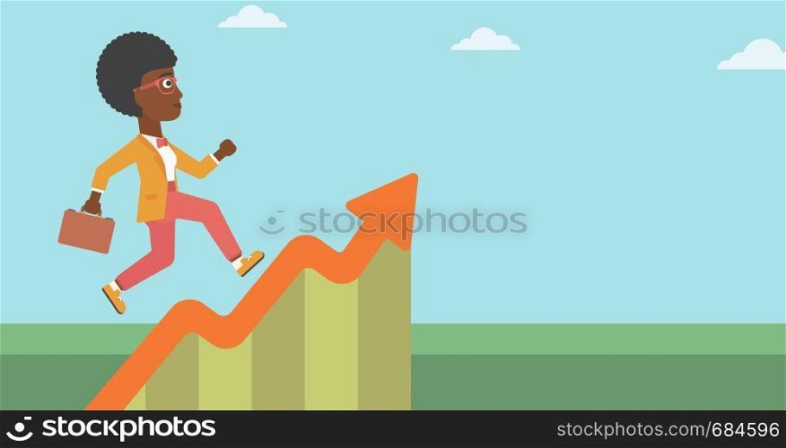 An african-american business woman running along the growth graph. Businesswoman going up. Woman moving up. Successful business concept. Vector flat design illustration. Horizontal layout.. Business woman running along the growth graph.