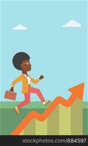 An african-american business woman running along the growth graph. Businesswoman going up. Woman moving up. Successful business concept. Vector flat design illustration. Vertical layout.. Business woman running along the growth graph.