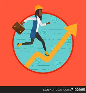 An african-american business woman running along the growth graph on a background with business icons. Concept of business success. Vector flat design illustration in the circle isolated on background. Woman running on growth graph vector illustration