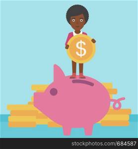An african-american business woman saving her money by putting a coin in a big piggy bank on a background of stacks of gold coins. Vector flat design illustration. Square layout.. Business woman putting coin in piggy bank.