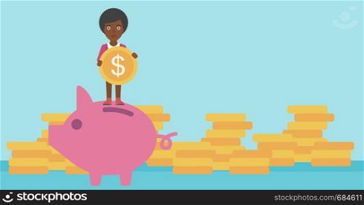 An african-american business woman saving her money by putting a coin in a big piggy bank on a background of stacks of gold coins. Vector flat design illustration. Horizontal layout.. Business woman putting coin in piggy bank.