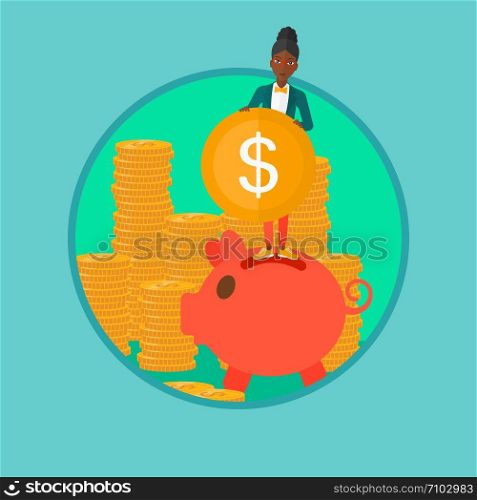 An african-american business woman saving money. Business woman putting a coin in a big piggy bank. Concept of business success. Vector flat design illustration in the circle isolated on background.. Woman putting coin in piggy bank.