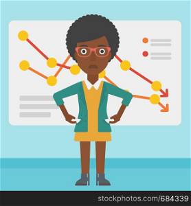 An african-american business woman showing her epmty pockets on the background of a board with decreasing chart. Bankruptcy concept. Vector flat design illustration. Square layout.. Bancrupt business woman vector illustration.